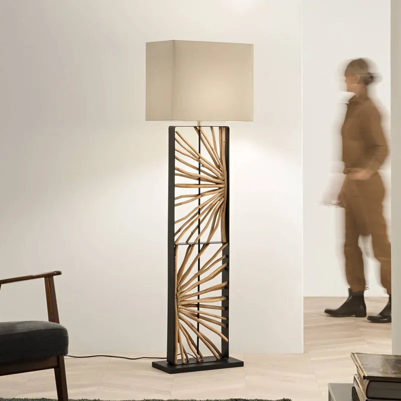 Lampa podłogowa ETHERNAL czarna/drewno/biała, wysokość 165 cm, drewno/tkanina