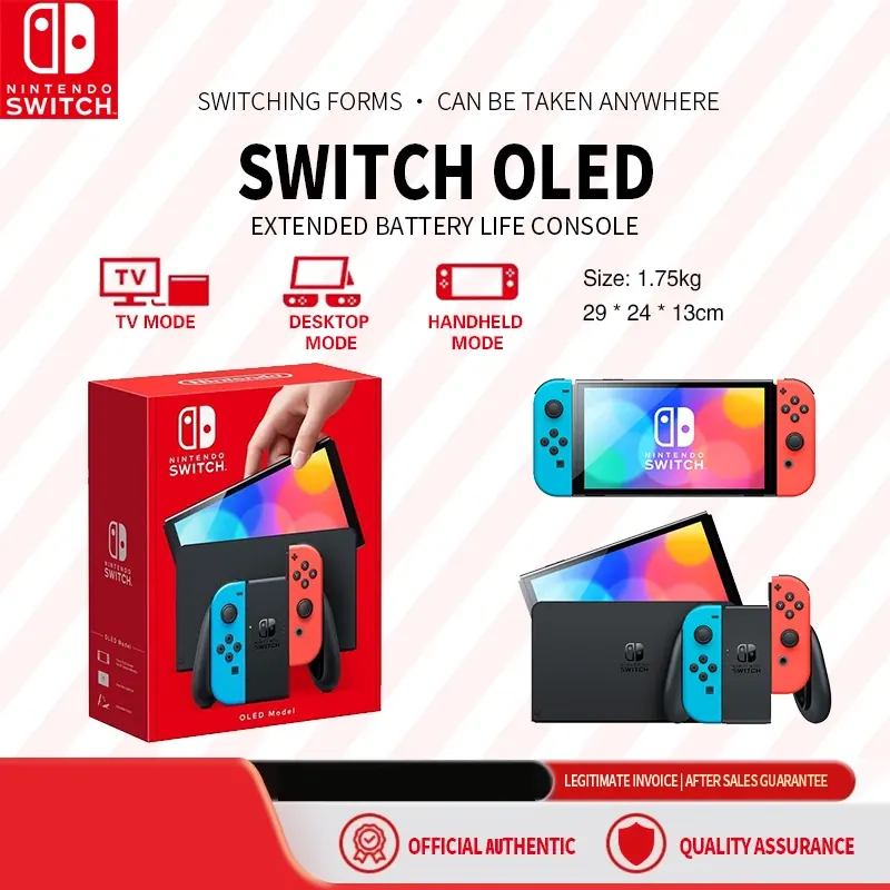 Model Switch OLED, świecące Joy-Cony, Joy-Cony w kolorze neonowej czerwieni i neonowego błękitu, ładowarka HK z adapterem na wtyczkę US, wersja Hong Kong.