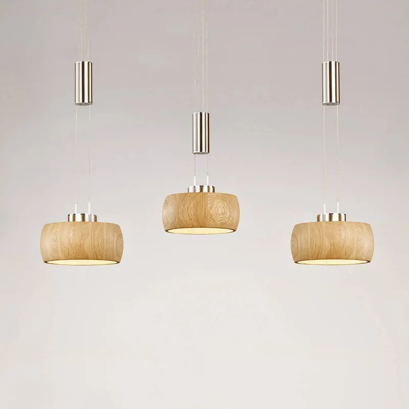 Lampa wisząca LED Shine-Wood, dąb/nikiel, długość 100 cm 3-punktowa.