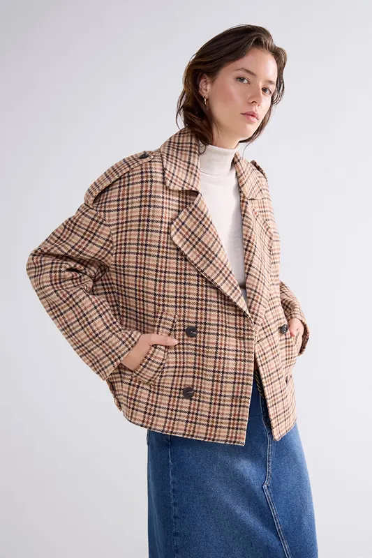 Summum Woman Short Jacket Check Wool Multicolour Maat: L | Blazers Outlet | Dames | Beige