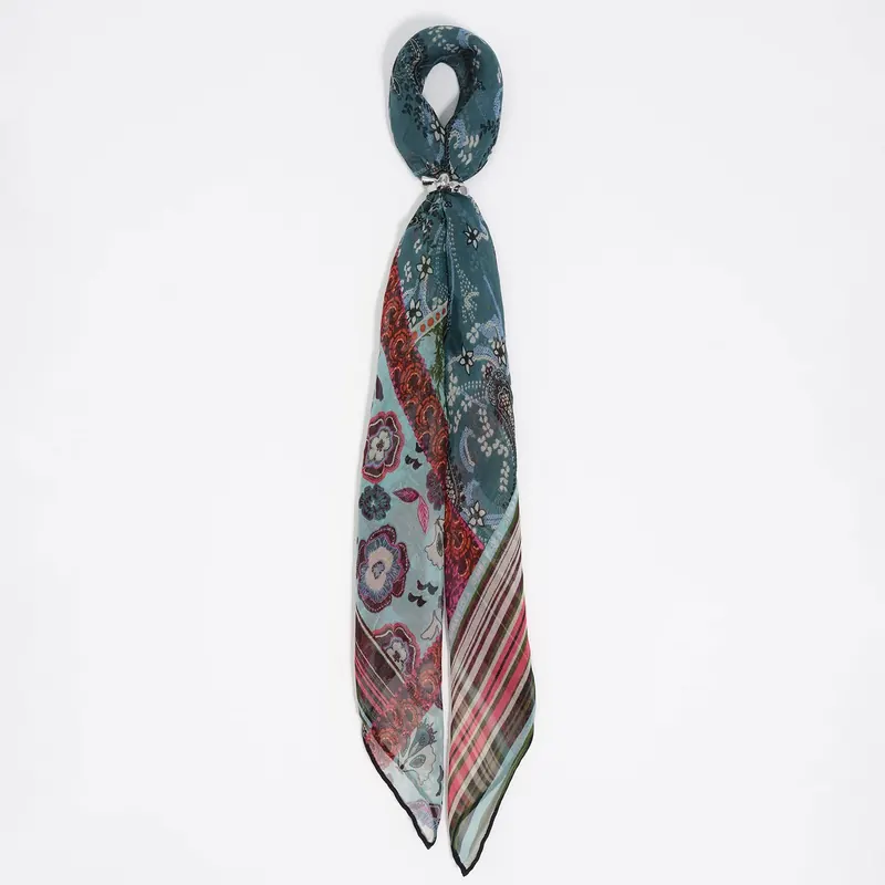 Charms chusta jedwab patchwork paisley i kwiaty akwamaryna