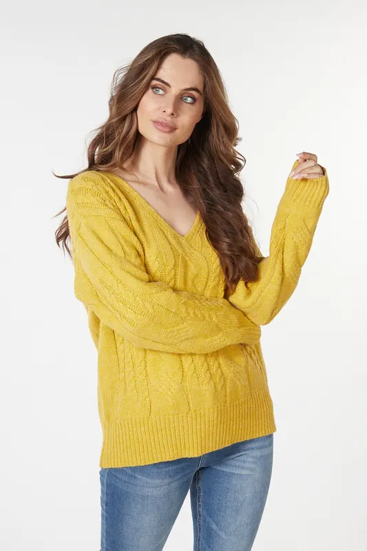 EsQualo Sweater Cables V-neck Warm Olive Maat: S | Sweaters Outlet | Dames | Geel