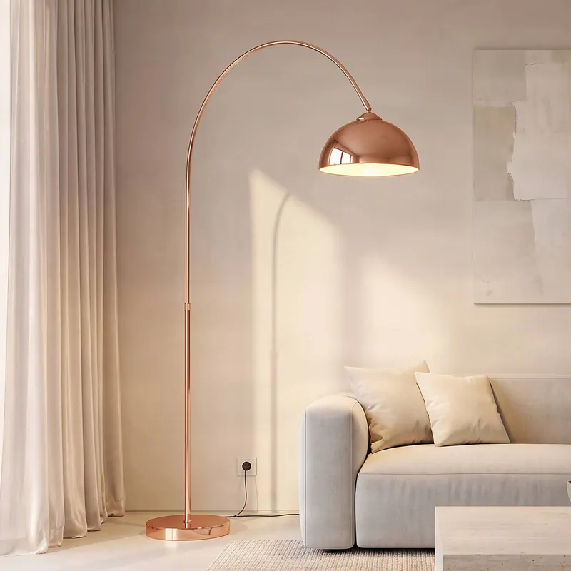 Lampa łukowa Lindby Lennart, miedź, z regulacją wysokości, E27