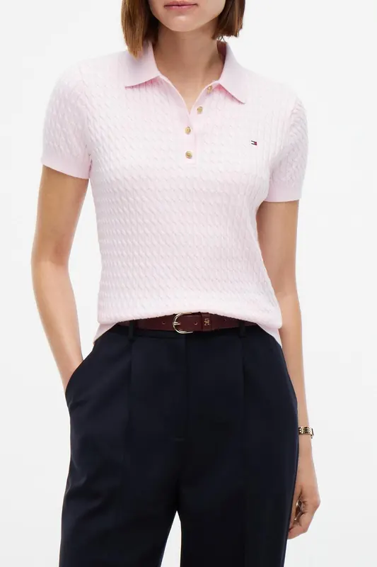 Tommy Hilfiger Cotton Mini Cable Polo Light Pink Maat: S | Sweaters Outlet | Dames | Roze