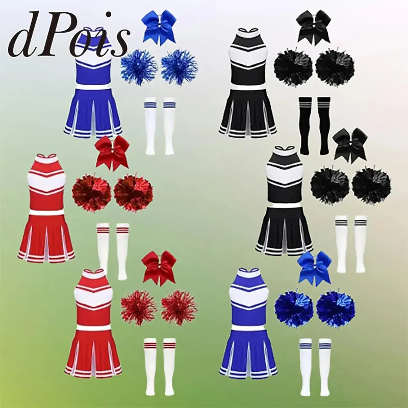 Stroje do cheerleadingu dla dzieci, kostiumy cheerleaderskie, ubrania dla drużyny cheerleadingowej, kwiaty do dłoni, skarpetki, zestaw sportowy na mecz, uniformy cheerleaderki.