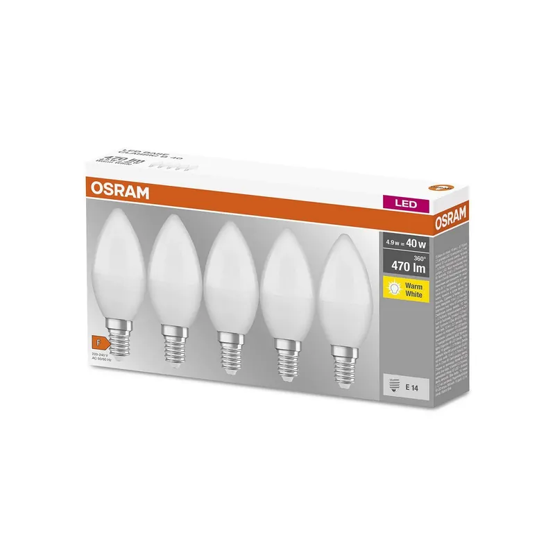 Żarówka świeca LED OSRAM Base Classic B E14 4,9 W, zestaw 5 sztuk