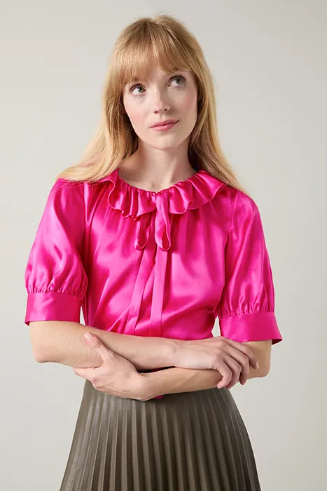 LK Bennett Coco Frill Blous Bright Pink Maat: 10 | Blouses Outlet | Dames | Roze