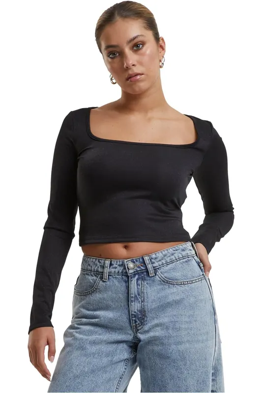 Urban Classics Ladies Glitter Square Neck Longsleeve Black Maat: L | Tops Outlet | Dames | Zwart