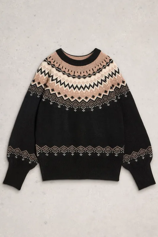 White Stuff Fairisle Crew Neck Jumper Black Multi Maat: 12 | Sweaters Outlet | Dames | Zwart