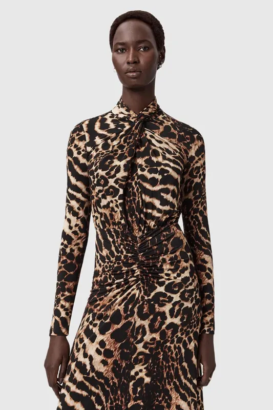 AllSaints Mina Dress Pardus Honey Brown Maat: 2 | Maxi Jurken Outlet | Dames | Bruin