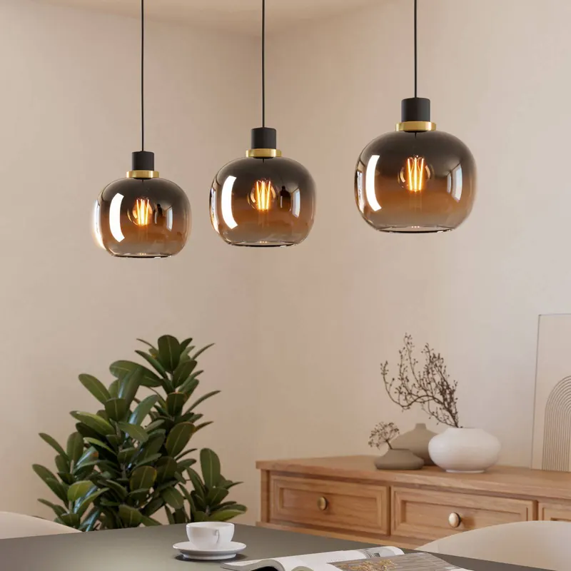 Lampa wisząca Oilella, czarno-brązowa, długość 95 cm, szkło, 3-punktowa.