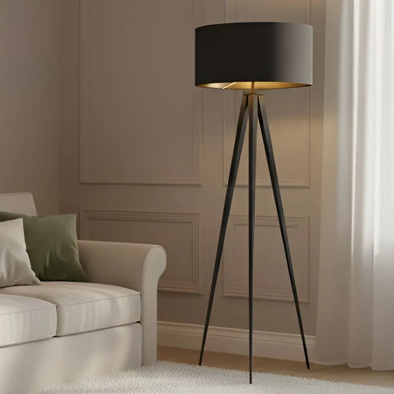 Lampa podłogowa Lindby Benik, trójnóg, tekstylny, czarny/złoty, 153cm