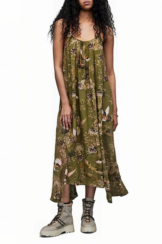 AllSaints Areena Peggy Dress Khaki Green Maat: 36 | Midi Jurken Outlet | Dames | Bruin