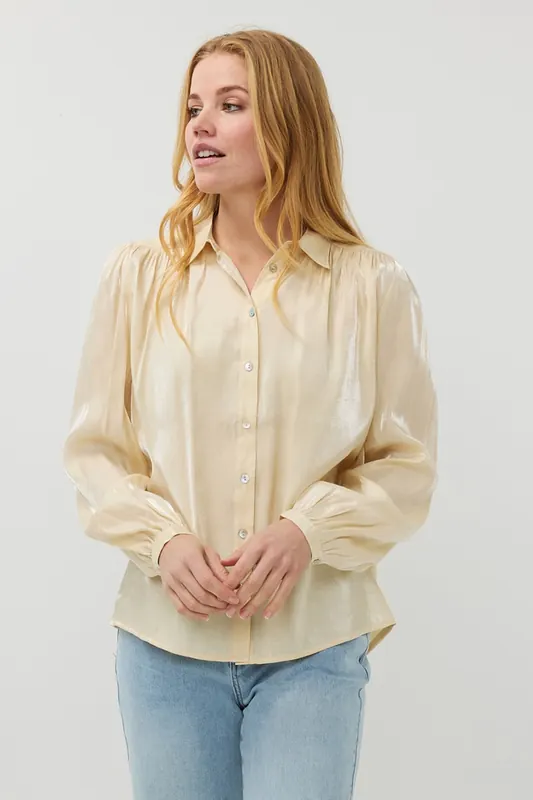EsQualo Blouse Gathering Changeant Champagne Maat: 40 | Longsleeves Outlet | Dames | Beige