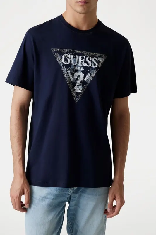 GUESS Ss Cn  Triangle Smart Blue Maat: M | Basic T-Shirts Outlet | Heren | Blauw