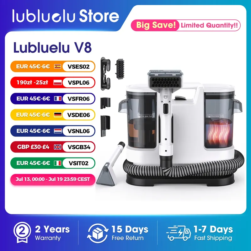 Lubluelu V8 800W Odkurzacz do dywanów z gorącą wodą 60 ° Odkurzacz do sierści zwierząt C Deep Clean, mocne ssanie 15 kPa, długi przewód zasilający 5 m, zbiornik 1,75 l