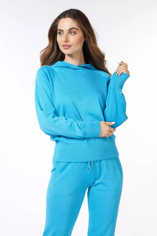 EsQualo Sweater Hoodie Raglan Lurex Petrol Maat: L | Sweaters Outlet | Dames | Blauw