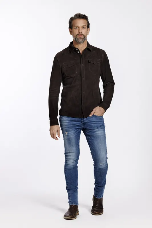 ALTER EGO Robert Suede Overshirt Blouse Coffee Maat: M | Casual Overhemden Outlet | Heren | Bruin