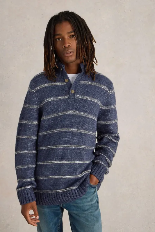 White Stuff Breton Stripe Button Neck Navy Multi Maat: M | Sweaters Outlet | Heren | Blauw