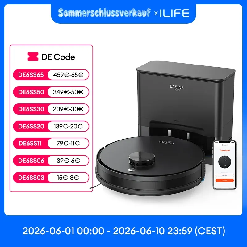 EASINE BY ILIFE S20, odsysanie 5000Pa, robot sprzątający z funkcją mopowania, samoczyszczący się, pojemność na 60 dni, sterowanie przez aplikację/pilot, czas pracy 180 minut