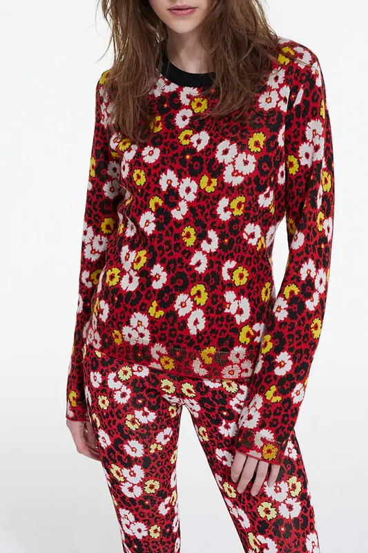 The Kooples Round Neck Sweater In Floral Jacquard Dark Red Maat: 36 | Gebreide Truien Outlet | Dames | Rood