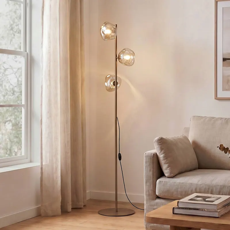 Lampa podłogowa Lava, kolor piaskowy/koniakowy, szkło, 151 cm, 3-punktowa, G9