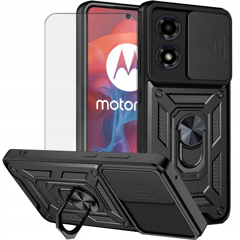 Etui Do Motorola Moto G04 G24 Pancerne Czarne Armor Holder Ring +szkło 9H