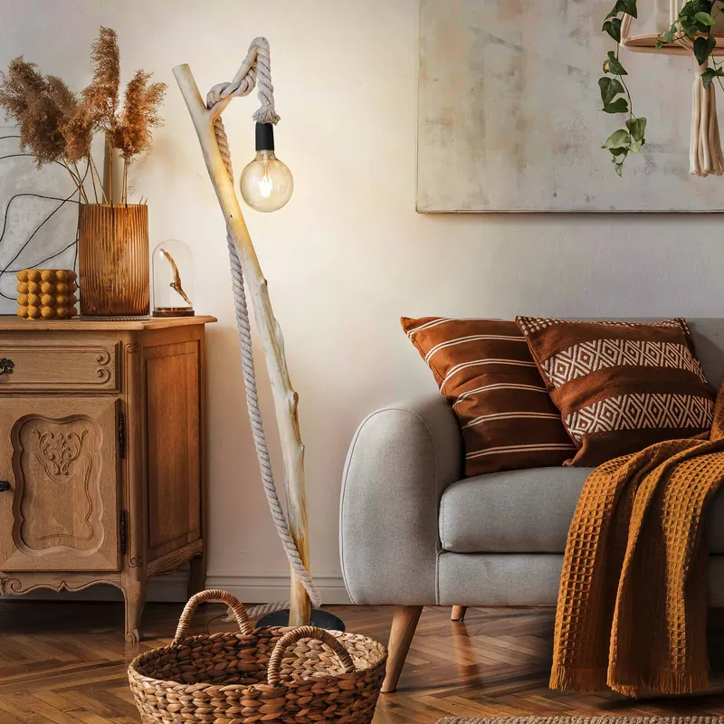 Lampa stojąca Nerida, jasnobrązowa, drewno/konopie, wysokość 150 cm