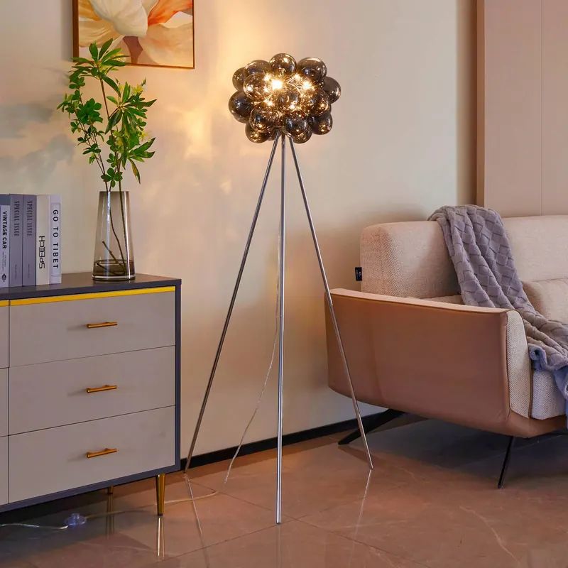 Lucande Lampa stojąca Diborah, dymnoszara, szkło, 150 cm, G9