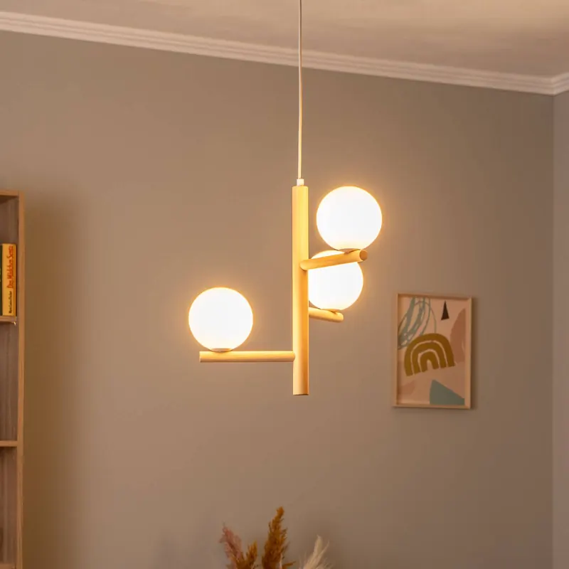 Lampa wisząca Estera, szkło opalowe, drewno, 3-punktowa