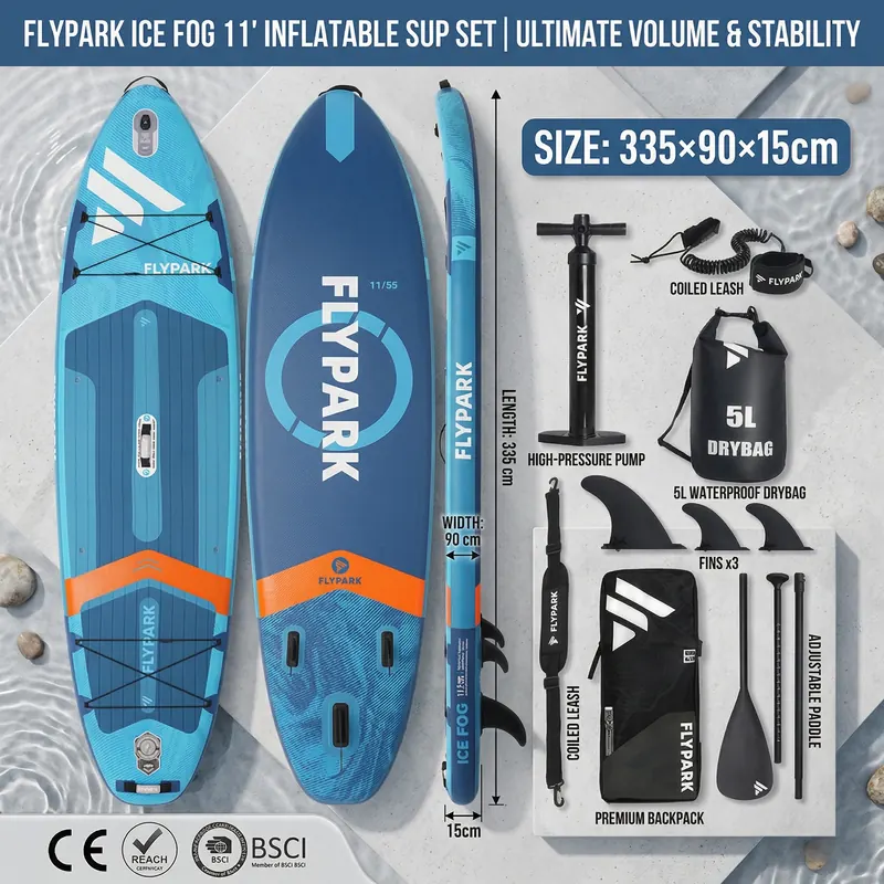 FLYPARK 11FT Bardzo Szeroka 35-calowa Nadmuchiwana Deska do Pływania na Stojąco (SUP) o Najwyższej Stabilności, Kompletny Zestaw ISUP z Wodoszczelną Torbą 5L, Deska SUP do Turystyki