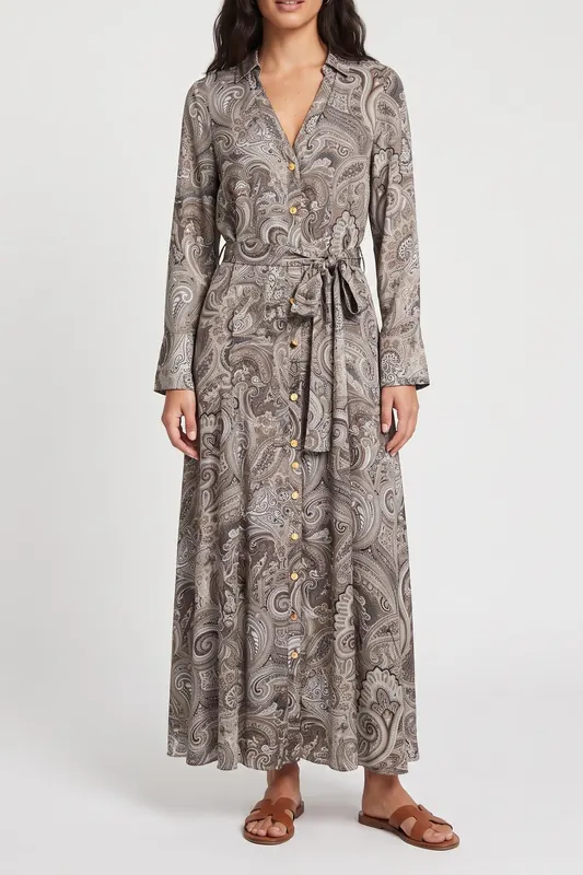 GUESS Britney Ls Long Dres Floral Paisley Taupe Maat: 48 | Maxi Jurken Outlet | Dames | Bruin