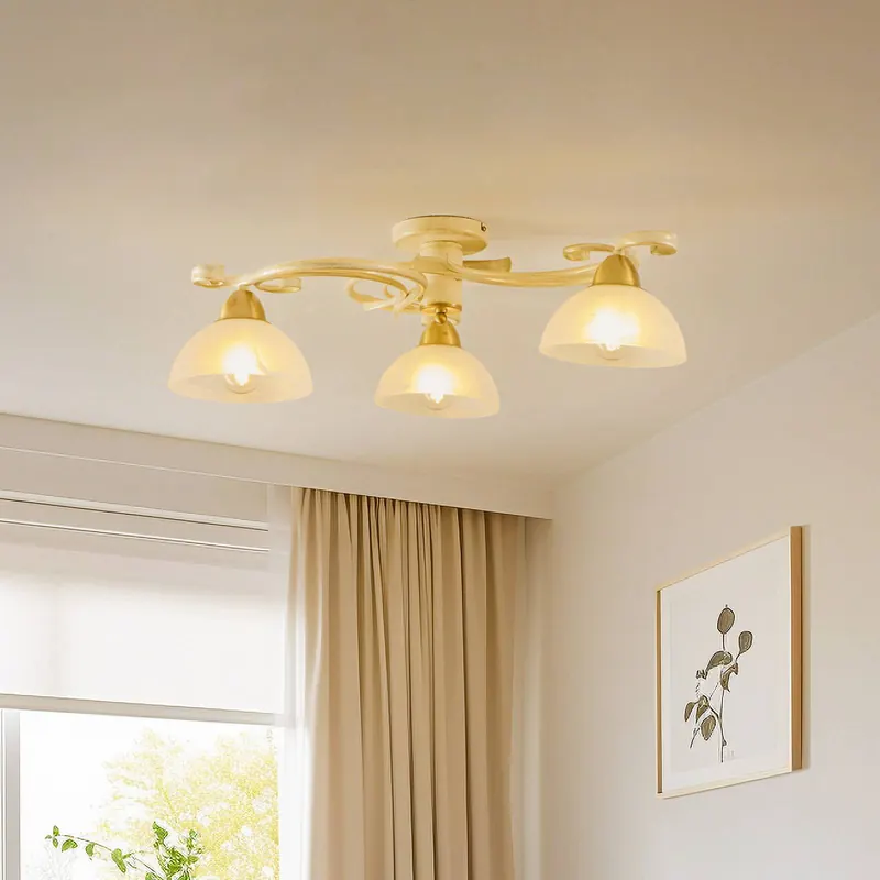 Lampa sufitowa Flora, trzy szklane klosze, biała/mosiężna