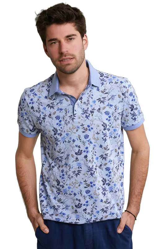 River Woods Custom Fit Cotton-linen Floral Polo Chambray Mix Maat: S | Poloshirts Outlet | Heren | Blauw