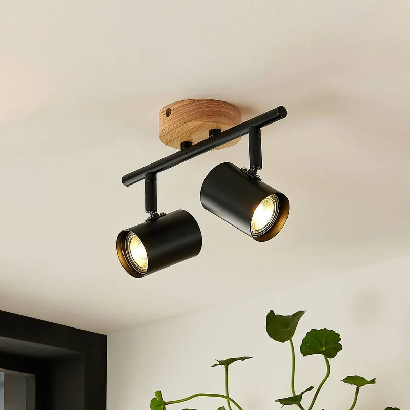 Lampa sufitowa Lindby Xiomara, 2-punktowa, 27 cm długości, drewno