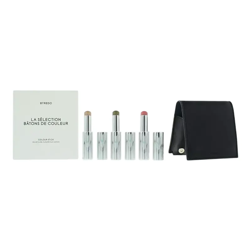 Granatowy zestaw Byredo: Cień do powiek 509 Solar Flare 3,5 g + Cień do powiek Kumato Face 3,5 g + Cień do powiek w sztyfcie Flower Play 3,5 g + Skórz