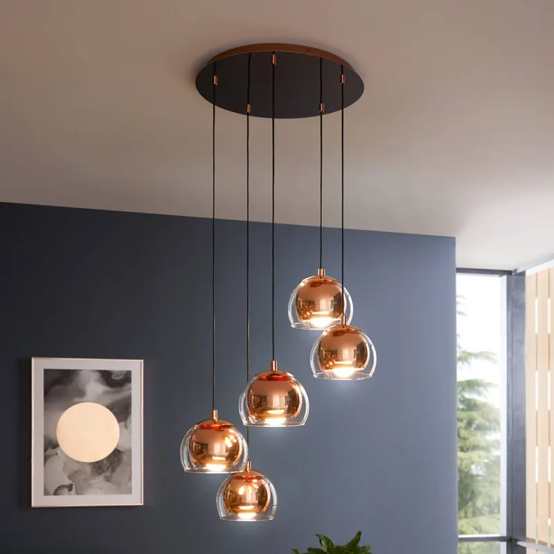Żyrandol Rocamar 1, miedź, Ø 59 cm, 5-punktowa, metal/szkło