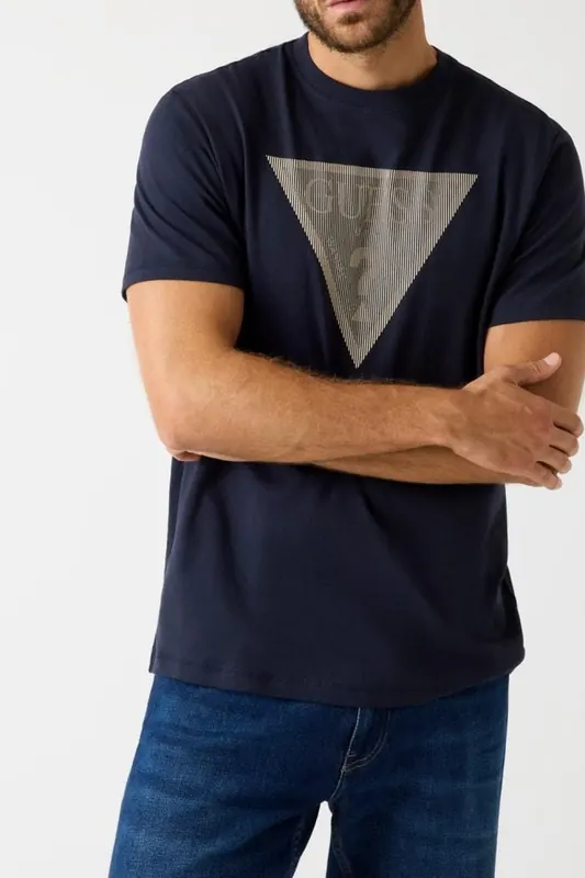 GUESS Cn Ss Triangle Logo Smart Blue Maat: M | Basic T-Shirts Outlet | Heren | Blauw