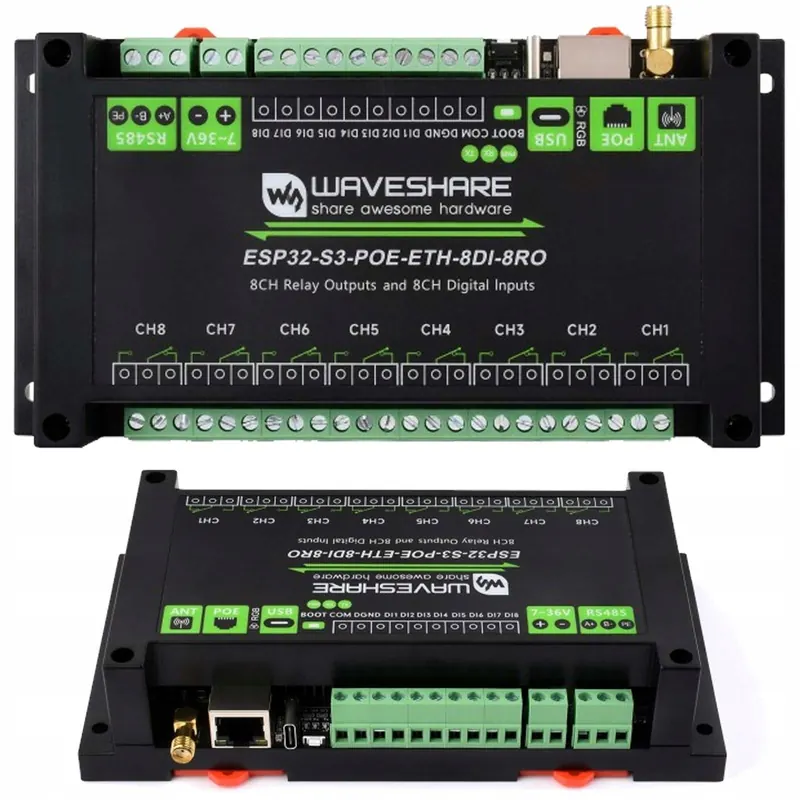 ESP32-S3 Waveshare reléový modul 8 kanálov Wi-Fi Ethernet PoE RS485