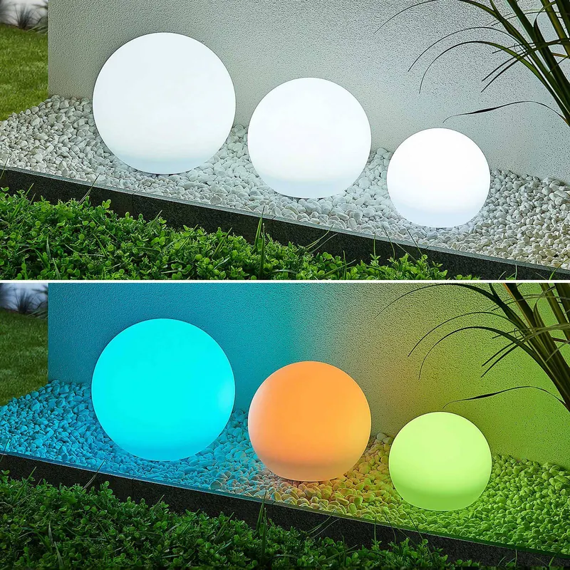 Lampy solarne LED Lindby Lago, RGBW, zestaw 3, kule, szpikulec do podłoża