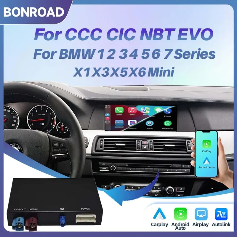Moduł BONROAD Wireless CarPlay Android Auto do BMW NBT CIC CCC EVO Serii 1 2 3 4 5 6 7 X1 X3 X4 X5 X6 MINI F20 F22 F30 F31 F34 F35 M3 F80 M4 F82 E60 E61 E62 E63 E64 E90 E91 E92 E93 F10 F11 F07 F01 F02
