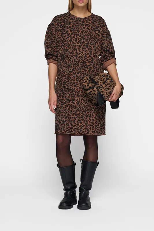 10DAYS Statement Dress Leopard Dark Fudge Maat: L | Midi Jurken Outlet | Dames | Zwart