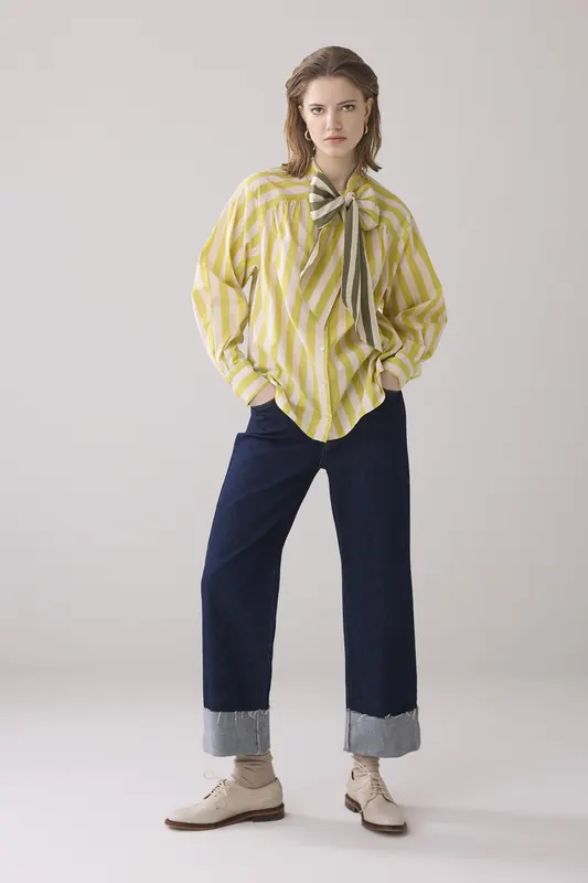 Summum Woman Blouse Bow Tie Printed Stripe Mimosa Yellow Maat: 36 | Longsleeves Outlet | Dames | Geel