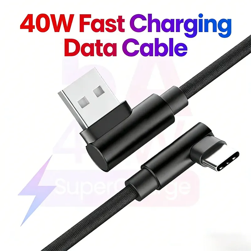 Kabel USB Typ C z szybkim ładowaniem 40W 5A, kątowy o 90 stopni, do szybkiego ładowania i synchronizacji danych telefonów komórkowych, uniwersalny.