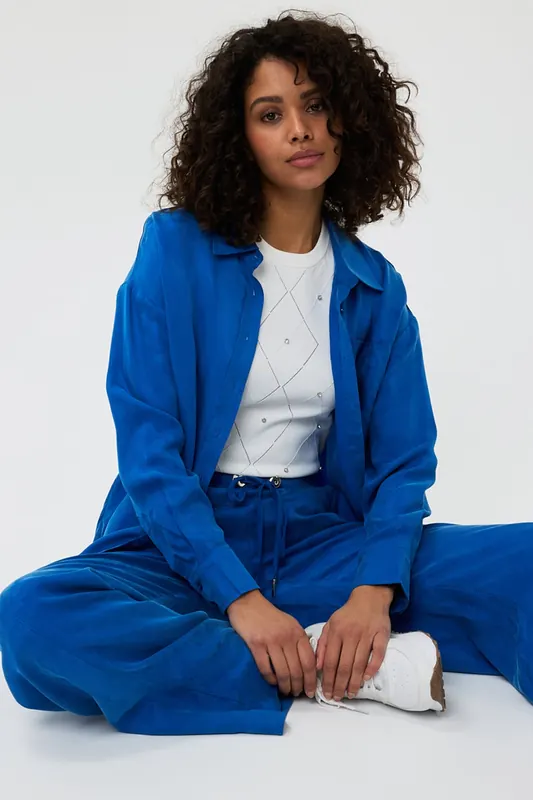EsQualo Blouse Oversized Cupro Blue Maat: 36 | Overhemden Outlet | Dames | Blauw