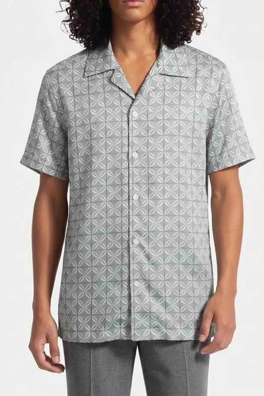 Reiss Printed Cuban Collar Sage Maat: L | Casual Overhemden Outlet | Heren | Grijs