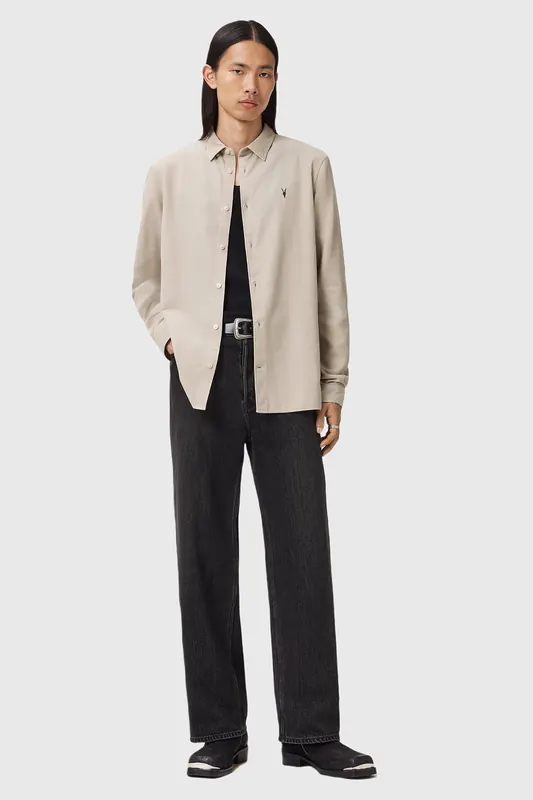AllSaints Birchwood Ls Shirt Moon Grey Maat: M | Casual Overhemden Outlet | Heren | Beige