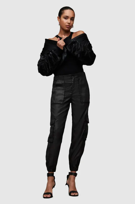 AllSaints Frieda Coated Trouse Black Maat: 14 | Cargobroeken Outlet | Dames | Zwart