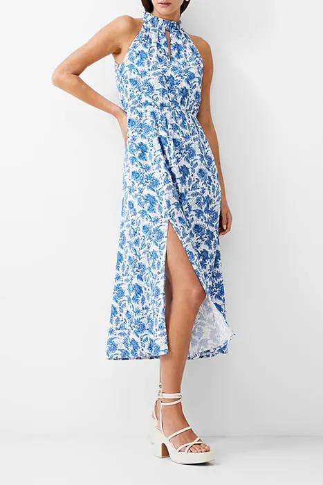 French Connection Cosette Halter Midi Dress White/baja Blue Maat: 10 | Midi Jurken Outlet | Dames | Wit