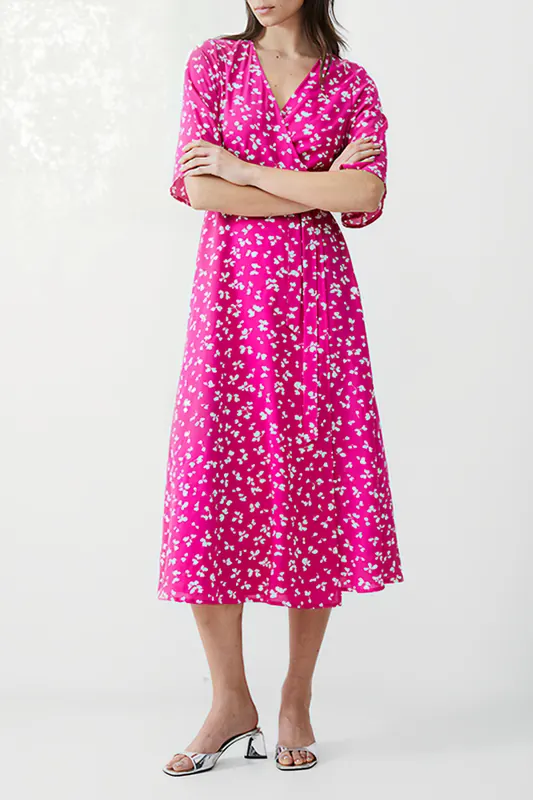 French Connection Bonita Wrap Angel Dress Long Wild Rosa/white Maat: 10 | Midi Jurken Outlet | Dames | Roze